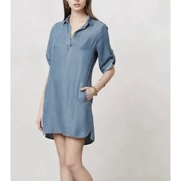 Cloth and Stone Blue Shirt Midi Dress Chambray Denim 3/4 Sleeves Collared Size M - Picture 1 of 14